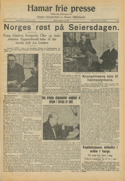 Forside: Hamar frie presse, 9. mai 1945 – «Norges røst på Seiersdagen»